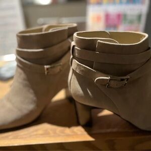 Elegant Beige Heeled Boots with Strap Accent